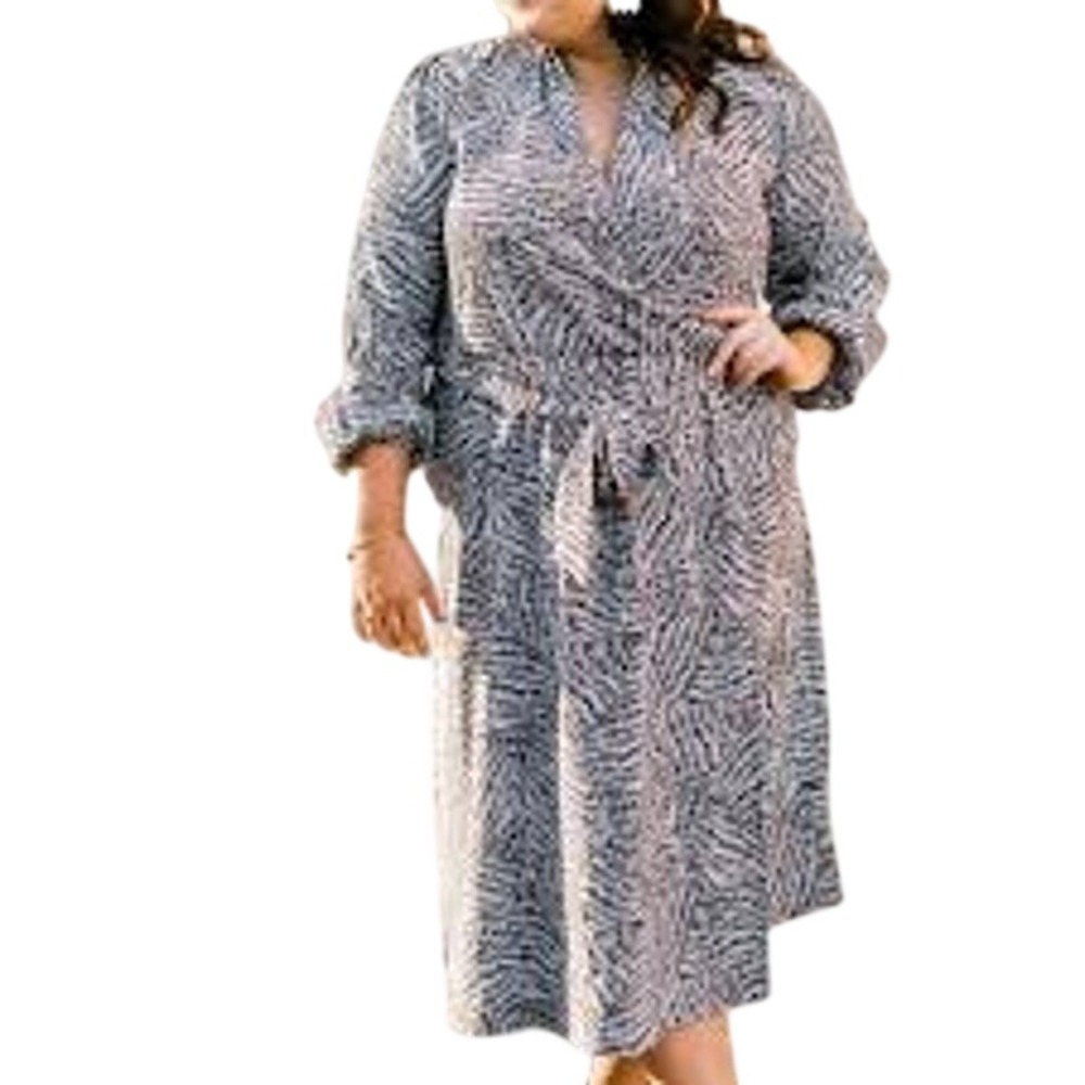 A‎ New Day Black & White Geometric Print balloon sleeve faux wrap midi dress XXL
